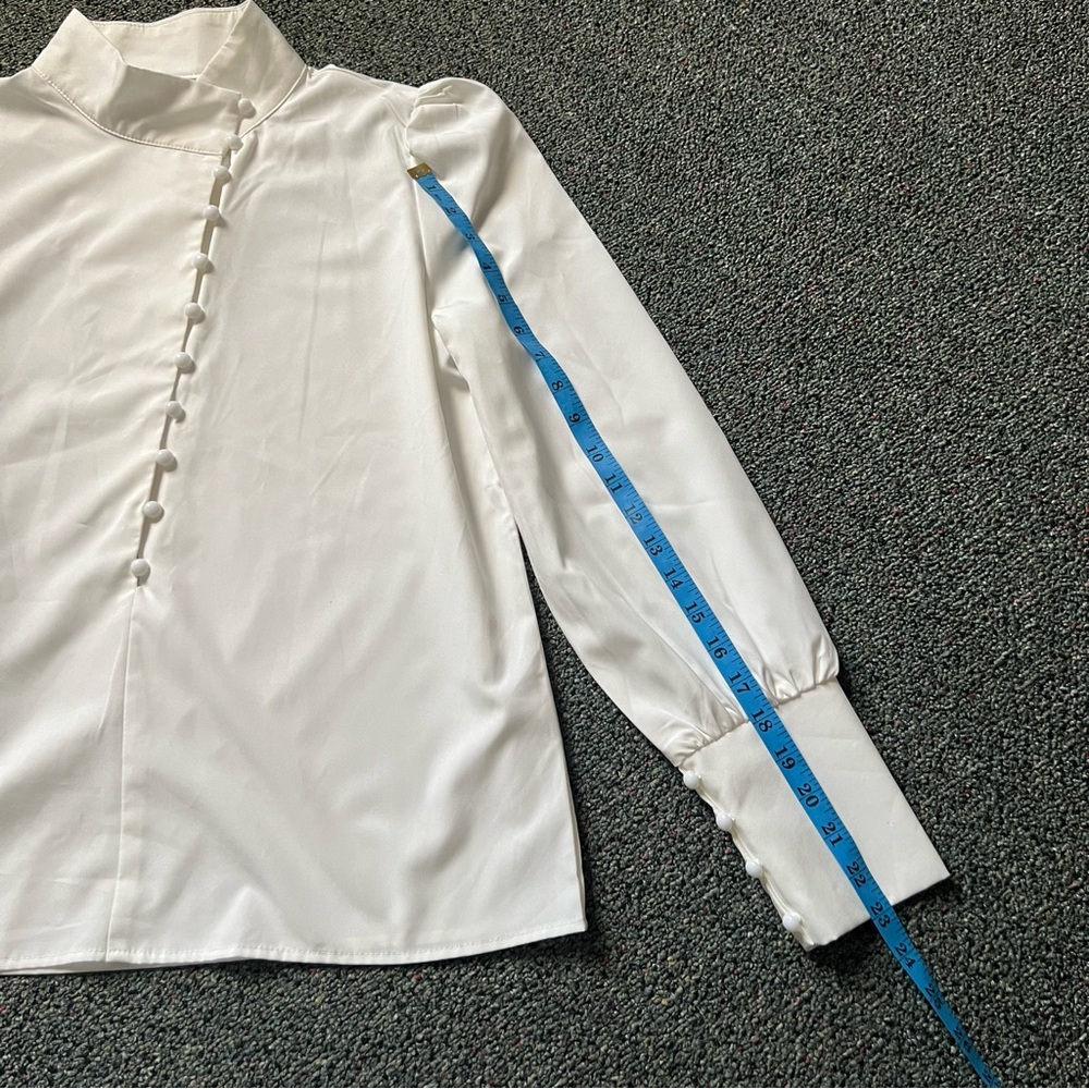 Off-White High Mock-Neck Long Sleeve Modest Asymmetrical Button Dow Shirt Blouse - Picture 16 of 16